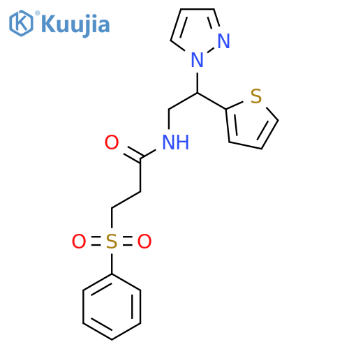 3-(benzenesulfonyl)-N-2-(1H-pyrazol-1-yl)-2-(thiophen-2-yl)ethylpropanamide structure