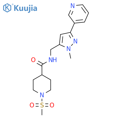 1-methanesulfonyl-N-{1-methyl-3-(pyridin-3-yl)-1H-pyrazol-5-ylmethyl}piperidine-4-carboxamide structure