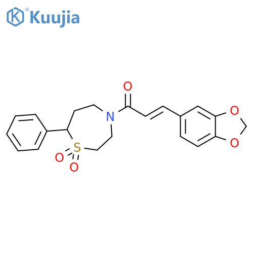 4-(2E)-3-(2H-1,3-benzodioxol-5-yl)prop-2-enoyl-7-phenyl-1lambda6,4-thiazepane-1,1-dione structure