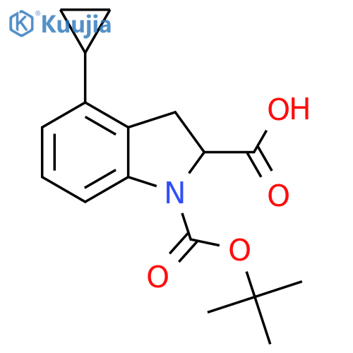 1-[(tert-butoxy)carbonyl]-4-cyclopropyl-2,3-dihydro-1H-indole-2-carboxylic acid structure