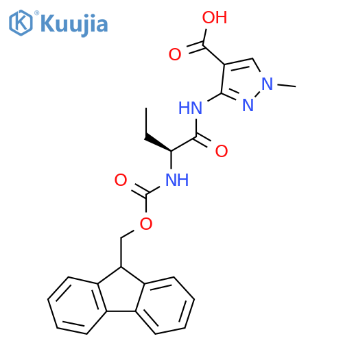 3-(2S)-2-({(9H-fluoren-9-yl)methoxycarbonyl}amino)butanamido-1-methyl-1H-pyrazole-4-carboxylic acid structure
