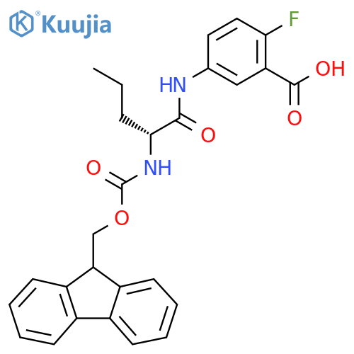 5-(2R)-2-({(9H-fluoren-9-yl)methoxycarbonyl}amino)pentanamido-2-fluorobenzoic acid structure