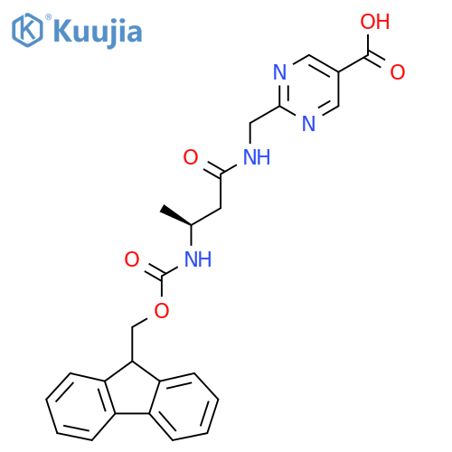 2-{(3S)-3-({(9H-fluoren-9-yl)methoxycarbonyl}amino)butanamidomethyl}pyrimidine-5-carboxylic acid structure