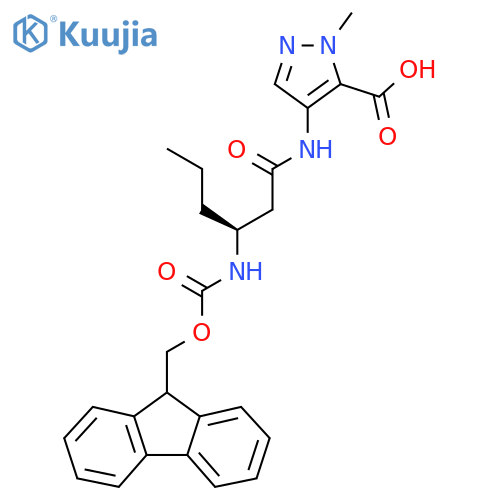 4-(3S)-3-({(9H-fluoren-9-yl)methoxycarbonyl}amino)hexanamido-1-methyl-1H-pyrazole-5-carboxylic acid structure