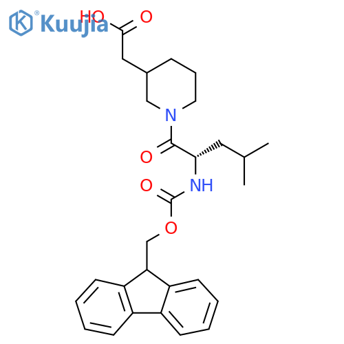 2-{1-(2S)-2-({(9H-fluoren-9-yl)methoxycarbonyl}amino)-4-methylpentanoylpiperidin-3-yl}acetic acid structure