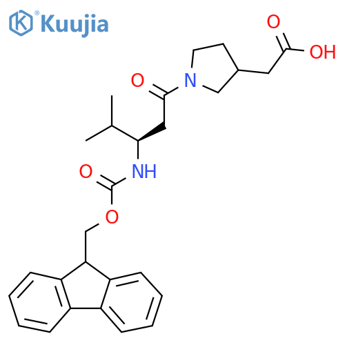2-{1-(3R)-3-({(9H-fluoren-9-yl)methoxycarbonyl}amino)-4-methylpentanoylpyrrolidin-3-yl}acetic acid structure