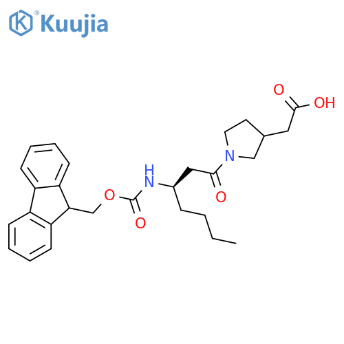 2-{1-(3R)-3-({(9H-fluoren-9-yl)methoxycarbonyl}amino)heptanoylpyrrolidin-3-yl}acetic acid structure