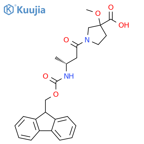 1-(3R)-3-({(9H-fluoren-9-yl)methoxycarbonyl}amino)butanoyl-3-methoxypyrrolidine-3-carboxylic acid structure