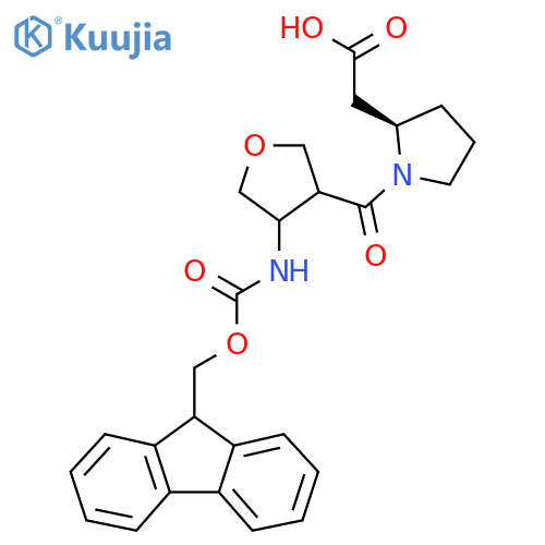 2-(2R)-1-4-({(9H-fluoren-9-yl)methoxycarbonyl}amino)oxolane-3-carbonylpyrrolidin-2-ylacetic acid structure
