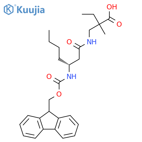 2-{(3R)-3-({(9H-fluoren-9-yl)methoxycarbonyl}amino)heptanamidomethyl}-2-methylbutanoic acid structure