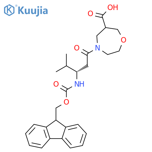 4-(3S)-3-({(9H-fluoren-9-yl)methoxycarbonyl}amino)-4-methylpentanoyl-1,4-oxazepane-6-carboxylic acid structure