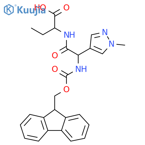 2-2-({(9H-fluoren-9-yl)methoxycarbonyl}amino)-2-(1-methyl-1H-pyrazol-4-yl)acetamidobutanoic acid structure