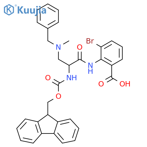 2-{3-benzyl(methyl)amino-2-({(9H-fluoren-9-yl)methoxycarbonyl}amino)propanamido}-3-bromobenzoic acid structure