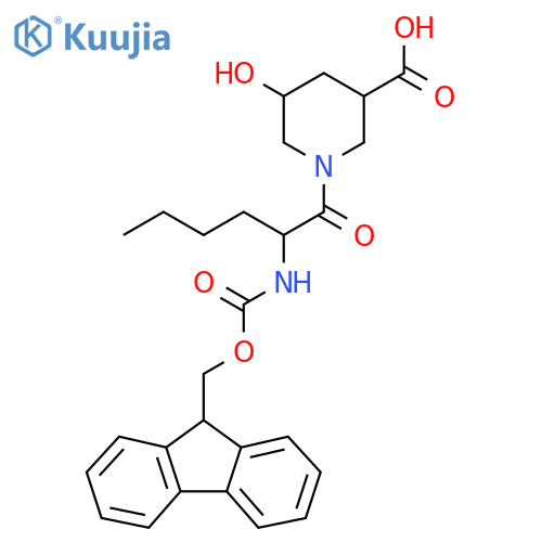 1-2-({(9H-fluoren-9-yl)methoxycarbonyl}amino)hexanoyl-5-hydroxypiperidine-3-carboxylic acid structure