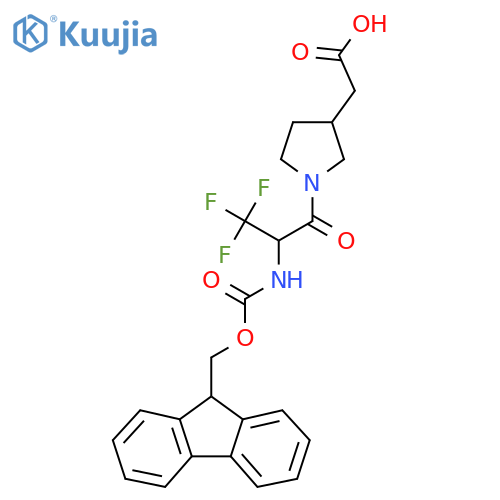 2-{1-2-({(9H-fluoren-9-yl)methoxycarbonyl}amino)-3,3,3-trifluoropropanoylpyrrolidin-3-yl}acetic acid structure