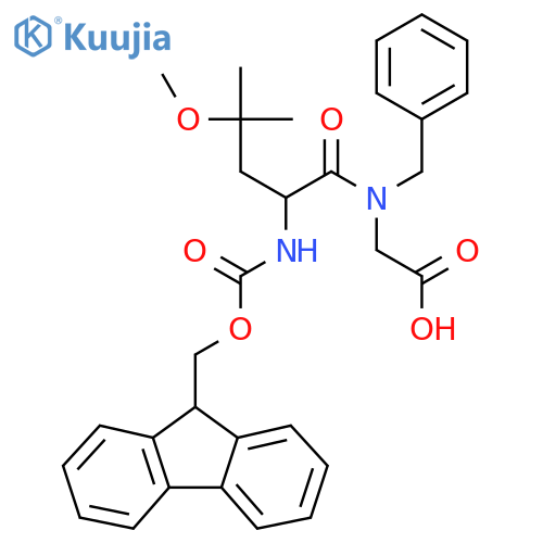 2-N-benzyl-2-({(9H-fluoren-9-yl)methoxycarbonyl}amino)-4-methoxy-4-methylpentanamidoacetic acid structure