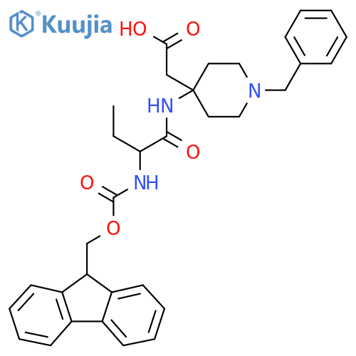 2-{1-benzyl-4-2-({(9H-fluoren-9-yl)methoxycarbonyl}amino)butanamidopiperidin-4-yl}acetic acid structure