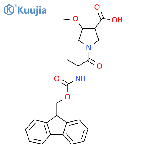 1-2-({(9H-fluoren-9-yl)methoxycarbonyl}amino)propanoyl-4-methoxypyrrolidine-3-carboxylic acid structure