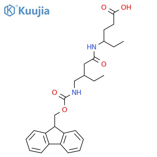 4-{3-({(9H-fluoren-9-yl)methoxycarbonyl}amino)methylpentanamido}hexanoic acid structure