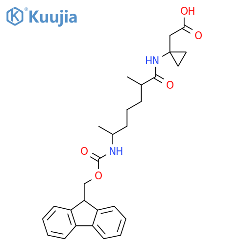 2-{1-6-({(9H-fluoren-9-yl)methoxycarbonyl}amino)-2-methylheptanamidocyclopropyl}acetic acid structure