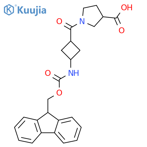1-3-({(9H-fluoren-9-yl)methoxycarbonyl}amino)cyclobutanecarbonylpyrrolidine-3-carboxylic acid structure
