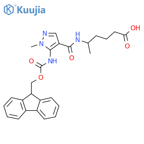 5-{5-({(9H-fluoren-9-yl)methoxycarbonyl}amino)-1-methyl-1H-pyrazol-4-ylformamido}hexanoic acid structure