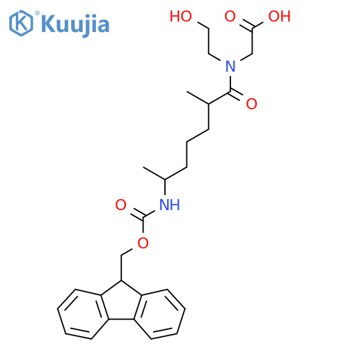 2-6-({(9H-fluoren-9-yl)methoxycarbonyl}amino)-N-(2-hydroxyethyl)-2-methylheptanamidoacetic acid structure