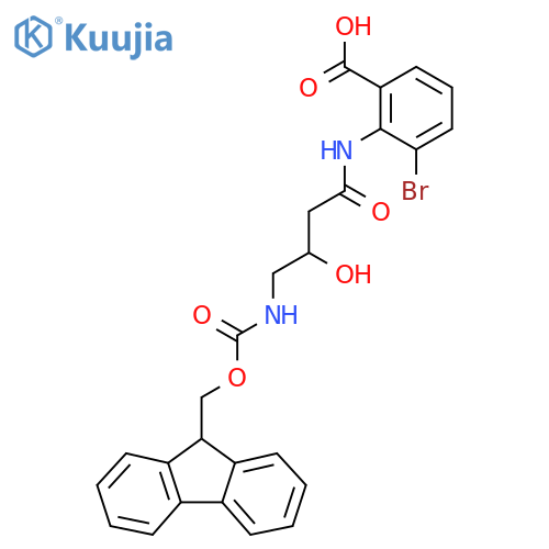 3-bromo-2-4-({(9H-fluoren-9-yl)methoxycarbonyl}amino)-3-hydroxybutanamidobenzoic acid structure