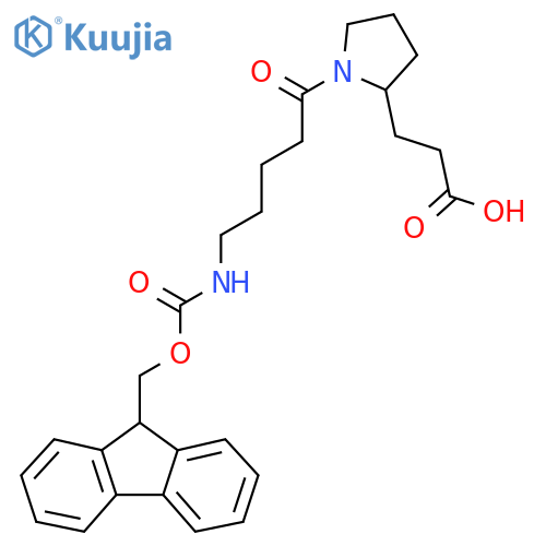 3-{1-5-({(9H-fluoren-9-yl)methoxycarbonyl}amino)pentanoylpyrrolidin-2-yl}propanoic acid structure
