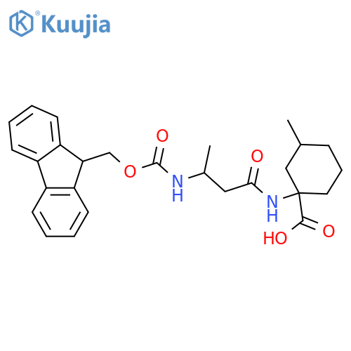 1-3-({(9H-fluoren-9-yl)methoxycarbonyl}amino)butanamido-3-methylcyclohexane-1-carboxylic acid structure