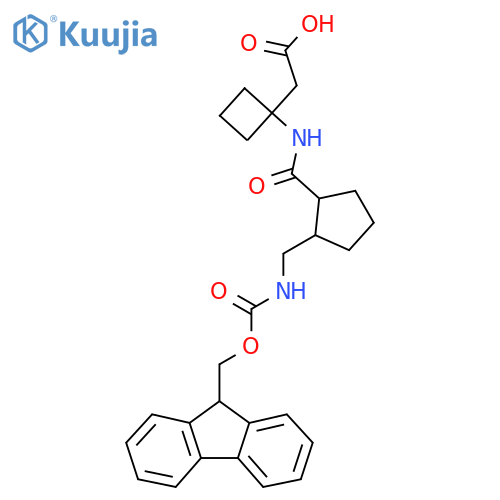 2-(1-{2-({(9H-fluoren-9-yl)methoxycarbonyl}amino)methylcyclopentaneamido}cyclobutyl)acetic acid structure