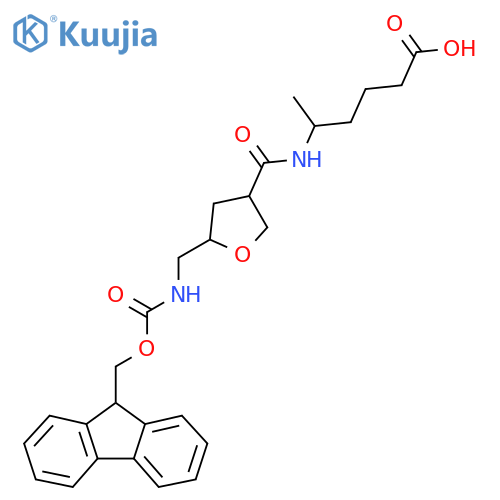 5-({5-({(9H-fluoren-9-yl)methoxycarbonyl}amino)methyloxolan-3-yl}formamido)hexanoic acid structure
