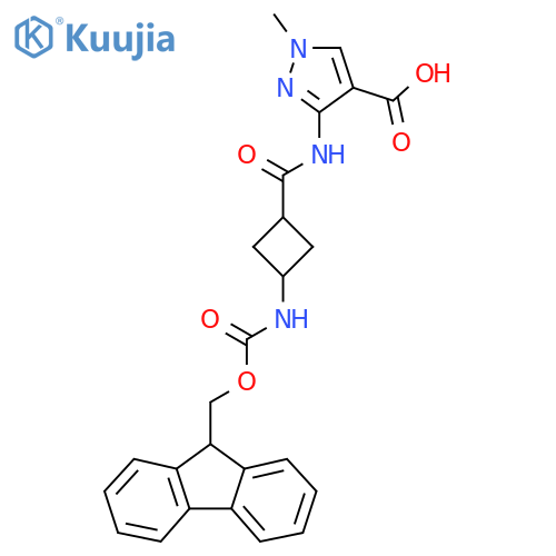 3-3-({(9H-fluoren-9-yl)methoxycarbonyl}amino)cyclobutaneamido-1-methyl-1H-pyrazole-4-carboxylic acid structure