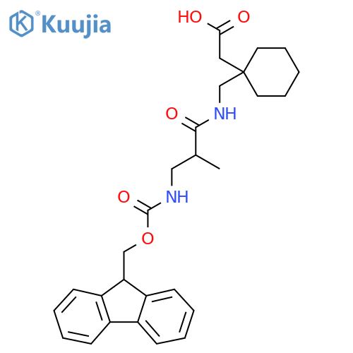2-(1-{3-({(9H-fluoren-9-yl)methoxycarbonyl}amino)-2-methylpropanamidomethyl}cyclohexyl)acetic acid structure