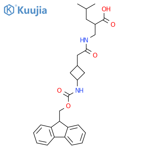 2-({2-3-({(9H-fluoren-9-yl)methoxycarbonyl}amino)cyclobutylacetamido}methyl)-4-methylpentanoic acid structure
