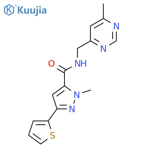 1-methyl-N-[(6-methylpyrimidin-4-yl)methyl]-3-(thiophen-2-yl)-1H-pyrazole-5-carboxamide structure