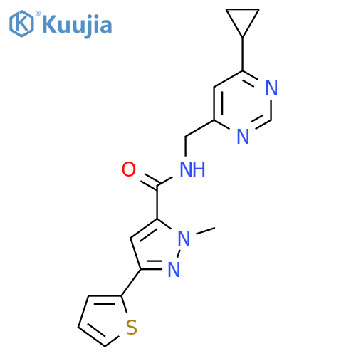 N-[(6-cyclopropylpyrimidin-4-yl)methyl]-1-methyl-3-(thiophen-2-yl)-1H-pyrazole-5-carboxamide structure