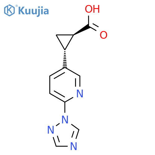 rac-(1R,2R)-2-6-(1H-1,2,4-triazol-1-yl)pyridin-3-ylcyclopropane-1-carboxylic acid structure