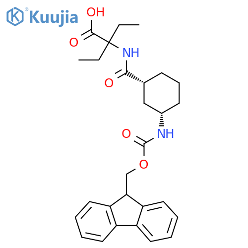 rac-2-ethyl-2-{(1R,3S)-3-({(9H-fluoren-9-yl)methoxycarbonyl}amino)cyclohexylformamido}butanoic acid structure