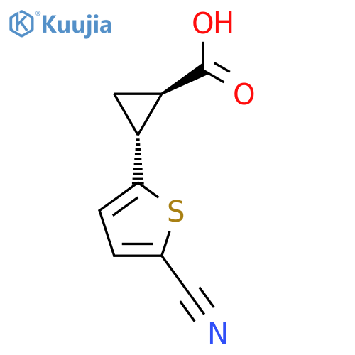 rac-(1R,2R)-2-(5-cyanothiophen-2-yl)cyclopropane-1-carboxylic acid structure