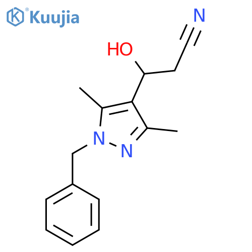 3-(1-benzyl-3,5-dimethyl-1H-pyrazol-4-yl)-3-hydroxypropanenitrile structure