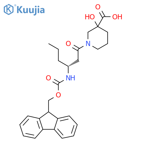 1-(3R)-3-({(9H-fluoren-9-yl)methoxycarbonyl}amino)hexanoyl-3-hydroxypiperidine-3-carboxylic acid structure