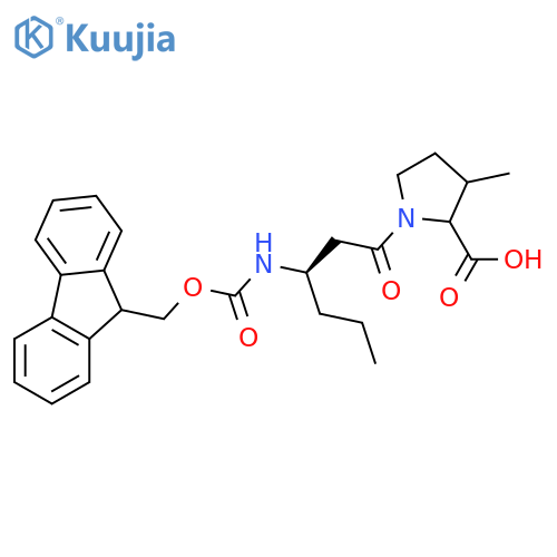 1-(3R)-3-({(9H-fluoren-9-yl)methoxycarbonyl}amino)hexanoyl-3-methylpyrrolidine-2-carboxylic acid structure