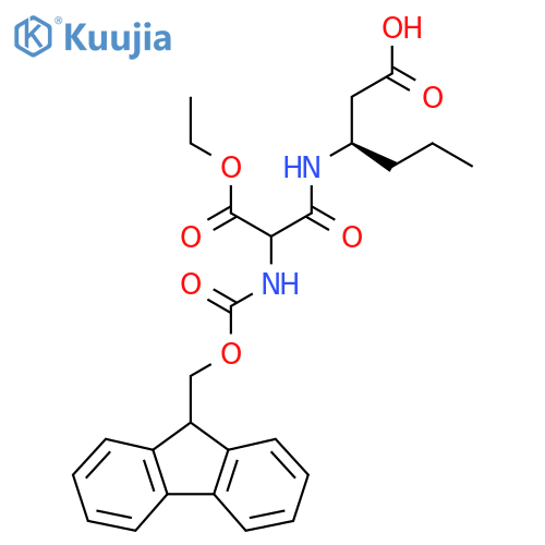 (3R)-3-2-(ethyl carboxy)-2-({(9H-fluoren-9-yl)methoxycarbonyl}amino)acetamidohexanoic acid structure