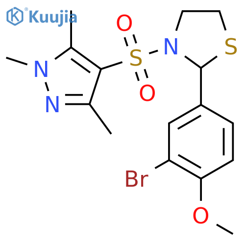 2-(3-bromo-4-methoxyphenyl)-3-((1,3,5-trimethyl-1H-pyrazol-4-yl)sulfonyl)thiazolidine structure