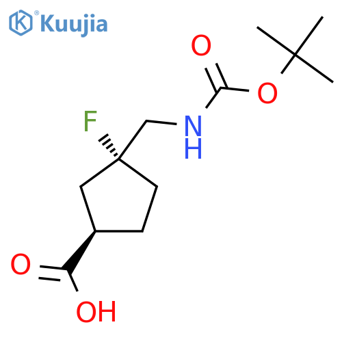 (1R,3R)-3-Fluoro-3-[[(2-methylpropan-2-yl)oxycarbonylamino]methyl]cyclopentane-1-carboxylic acid structure