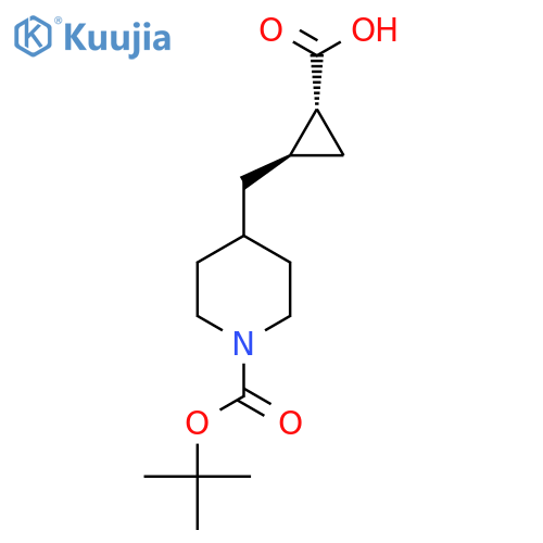 rac-(1R,2R)-2-({1-[(tert-butoxy)carbonyl]piperidin-4-yl}methyl)cyclopropane-1-carboxylic acid structure