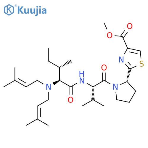 4-Thiazolecarboxylic acid,2-[(2S)-1-[N,N-bis(3-methyl-2-butenyl)-L-isoleucyl-L-valyl]-2-pyrrolidinyl]-,methyl ester structure