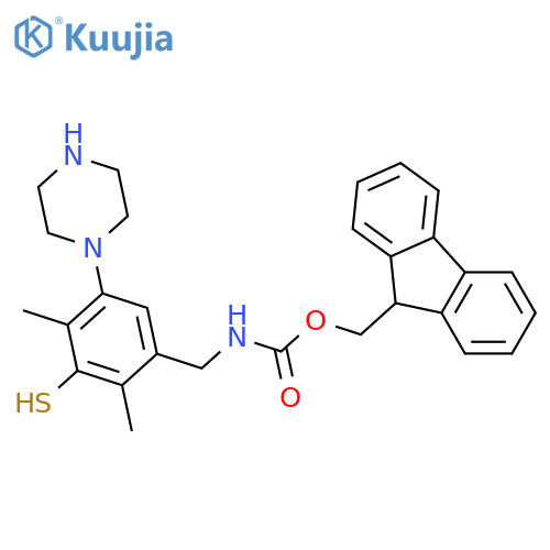 (9H-fluoren-9-yl)methyl N-{2,4-dimethyl-5-(piperazin-1-yl)-3-sulfanylphenylmethyl}carbamate structure