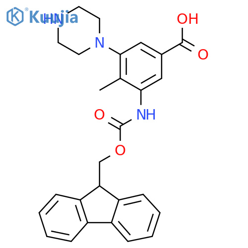 3-({[(9H-fluoren-9-yl)methoxy]carbonyl}amino)-4-methyl-5-(piperazin-1-yl)benzoic acid structure